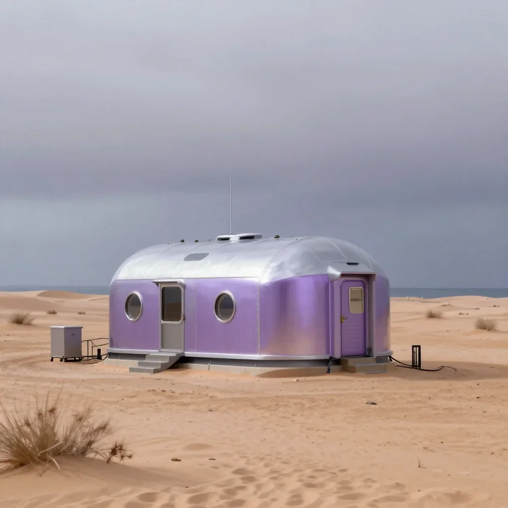 a desert research station under overcast coastal light, quiet science-fiction concept art, crisp material detail, lavend