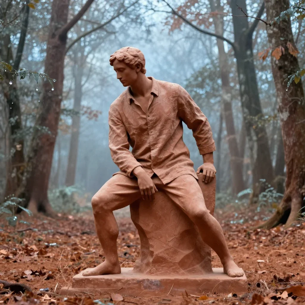 a sculptor at rest in a linen shirt, dust-hazed in a graceful contrapposto pose, in a dewy forest clearing, bold Helmut 