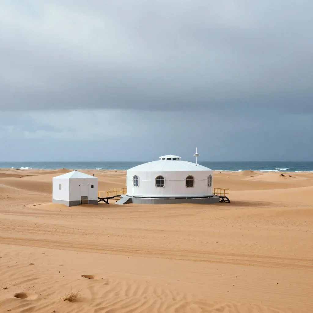 a desert research station under overcast coastal light, refined editorial travel photography, soft volumetric light, ice