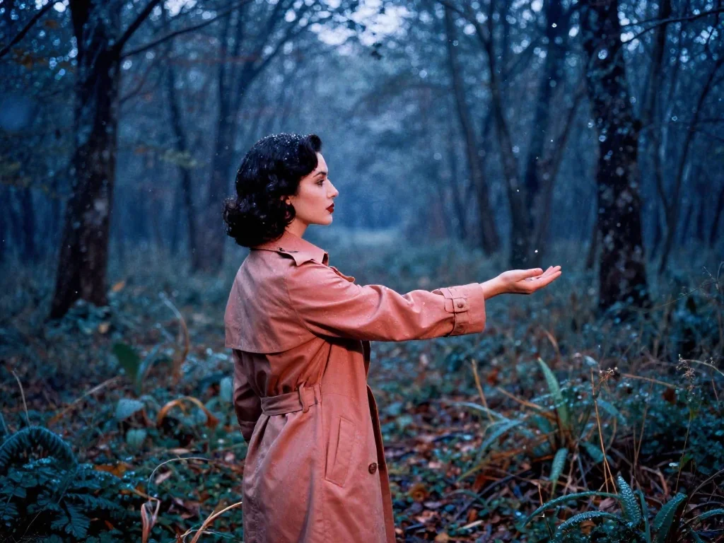 a noir detective's femme fatal muse in a trench coat in a gentle reach toward the lens, in a dewy forest clearing, soft-