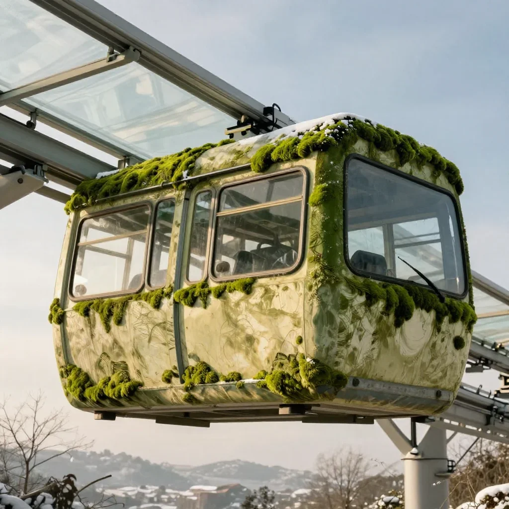 a glass monorail in crisp winter sunlight, dreamlike fine-art landscape photography, weathered tactile surfaces, moss gr