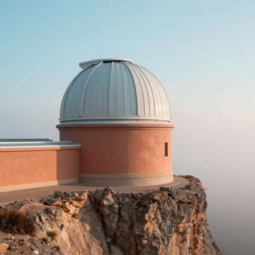 a cliffside observatory under soft dawn fog, museum-quality still-life photography, clean natural textures, terracotta a