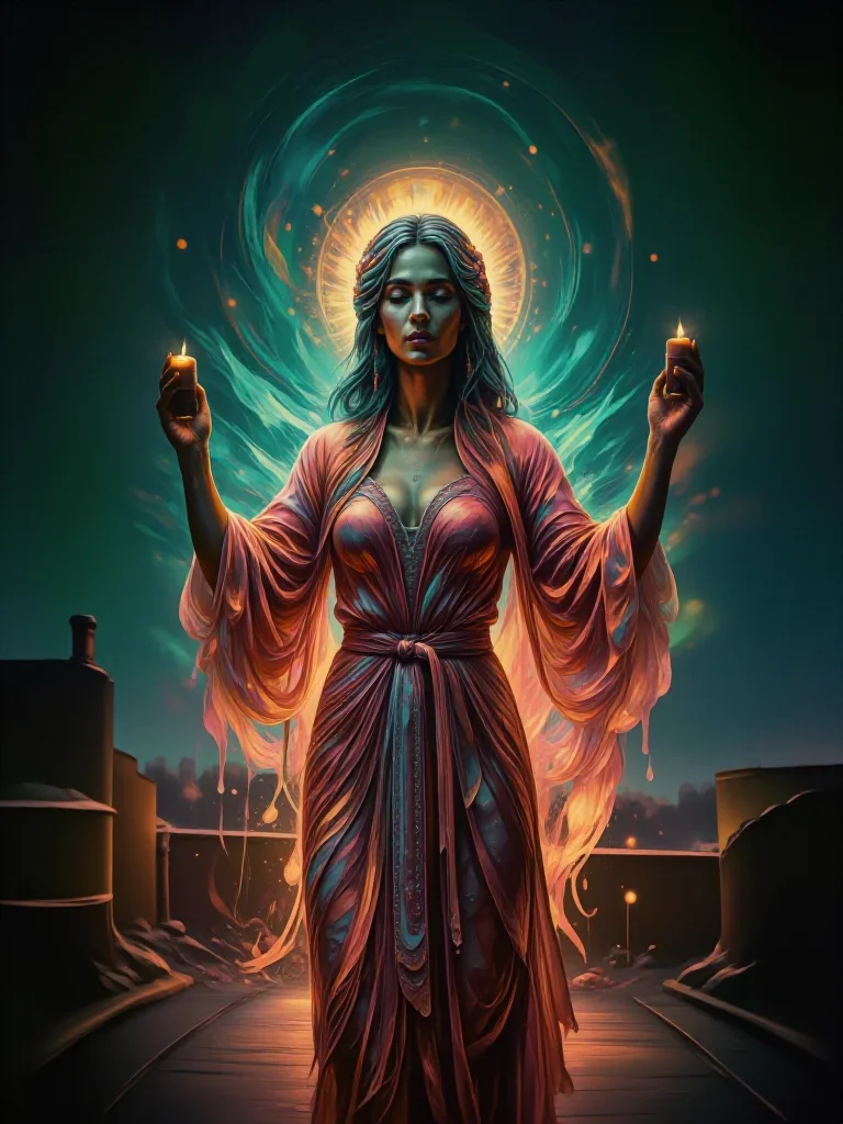 a celestial priestess with haloed candlelight in a bold, open-armed welcome, on a neon-lit rooftop at midnight, soft-gra