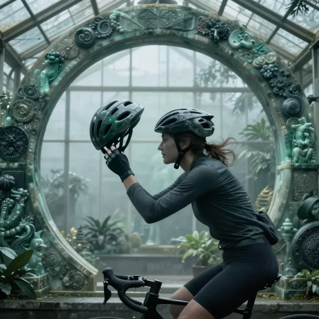 a rider removing a helmet, flushed and windblown in a gentle reach toward the lens, in a greenhouse humid with mist, myt