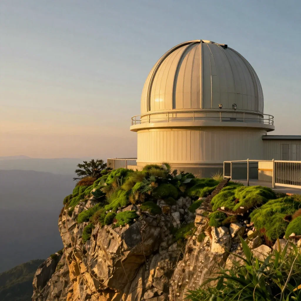 a cliffside observatory during golden hour, museum-quality still-life photography, calm negative space, moss green and c