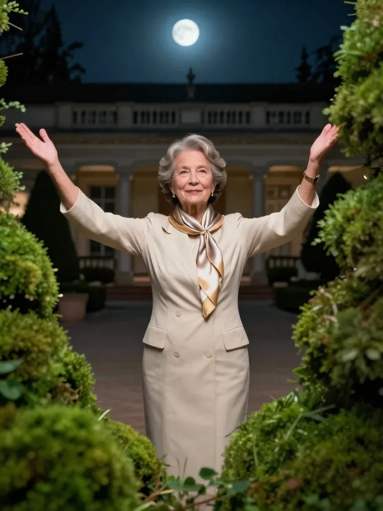 an elegant older stateswoman in a silk scarf in a bold, open-armed welcome, in a moonlit palace courtyard, moody Fujifil