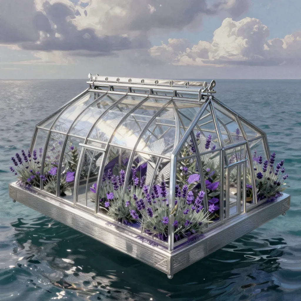 a floating botanical conservatory in a gentle sea breeze, contemporary botanical illustration, careful geometric composi