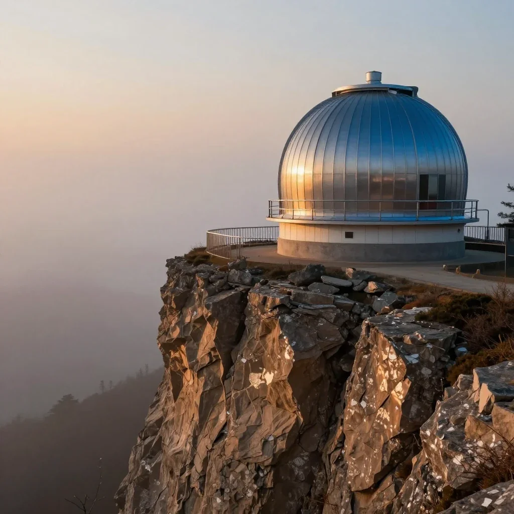 a cliffside observatory in early spring mist, high-end design magazine photography, gentle reflected light, ochre and ul