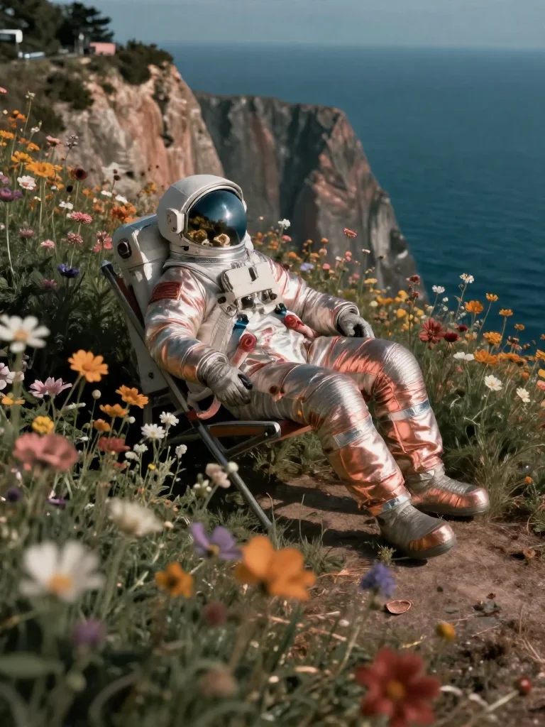 an astronaut in a reflective bodysuit among wildflowers reclining elegantly on a chaise, on a sun-drenched cliffside, mo