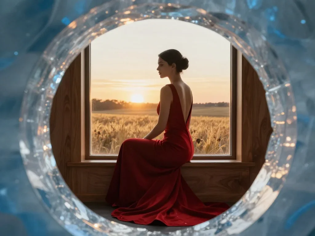 a femme fatale in a crimson backless gown in a seated silhouette against a window, in a backlit golden-hour field, futur