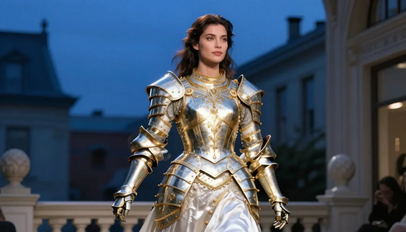 a warrior queen in ornate gilded armor in a graceful contrapposto pose, in a blue-hour city apartment, high-fashion runw