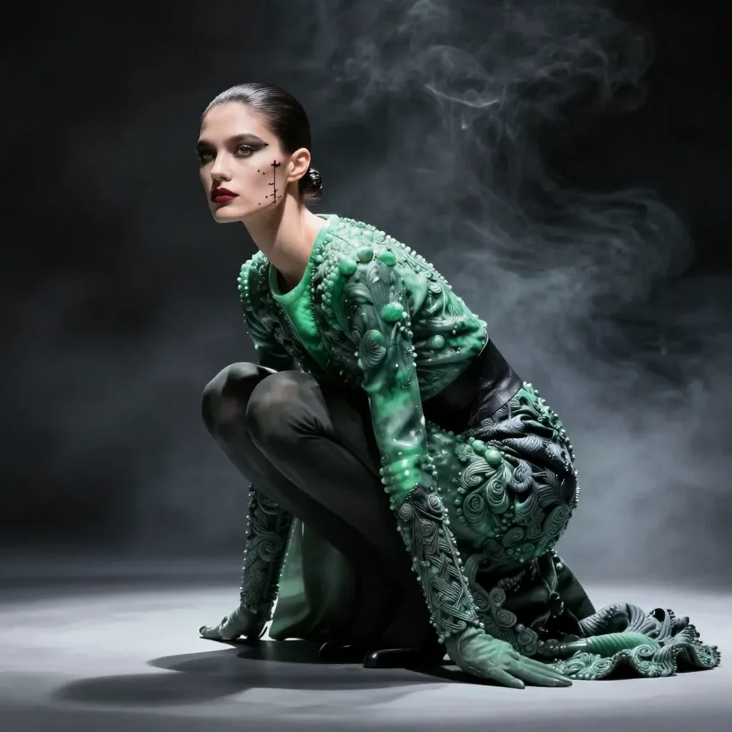 a couture catwalk muse with razor cheekbones in a low lunge with a lifted chin, in a smoke-lit photo studio, Vogue-style