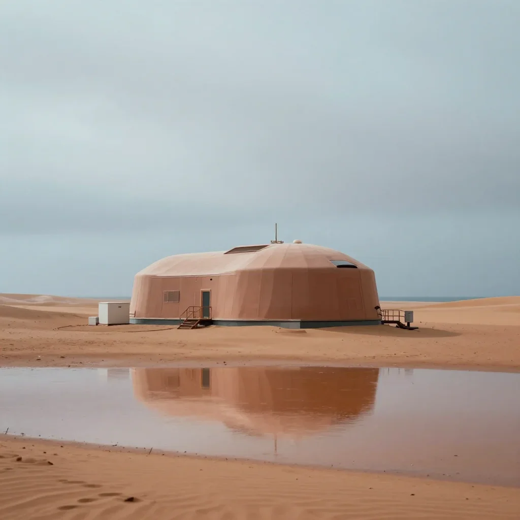 a desert research station under overcast coastal light, quiet science-fiction concept art, gentle reflected light, terra