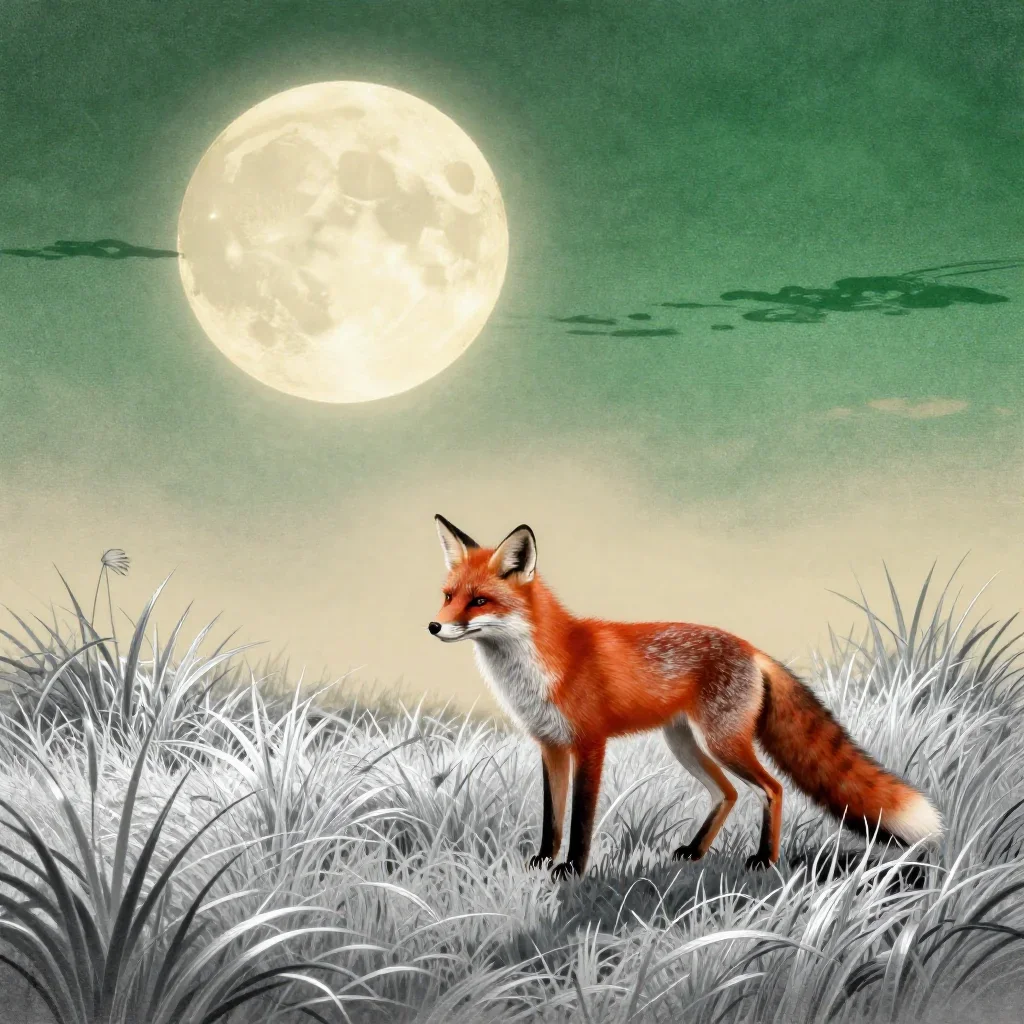 a red fox among silver grass at moonrise, Japanese woodblock-inspired editorial art, subtle film grain, moss green and c