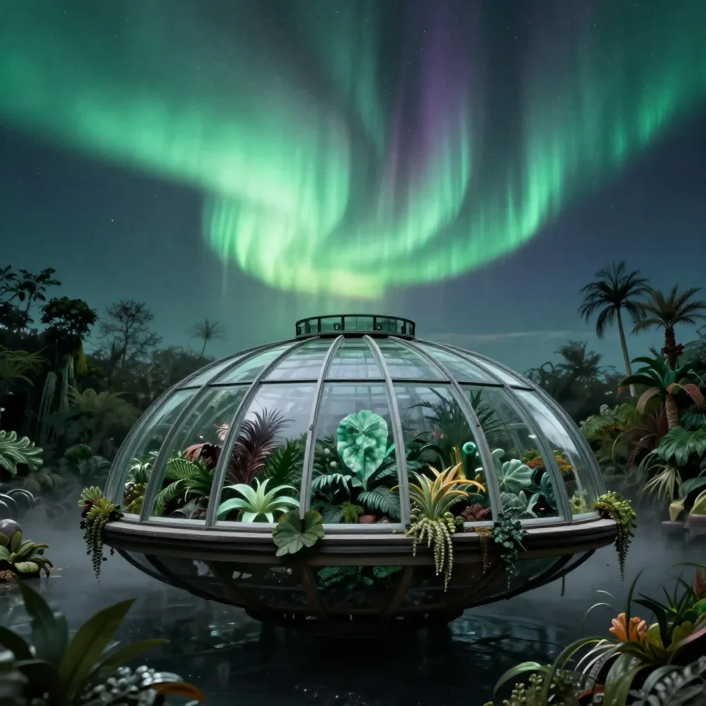 a floating botanical conservatory beneath an aurora, refined editorial travel photography, atmospheric depth, jade and c