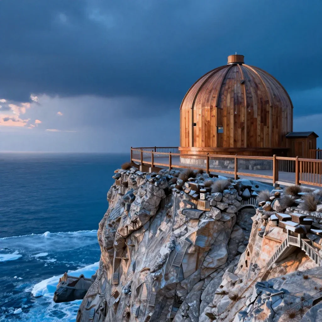 a cliffside observatory in a gentle sea breeze, cinematic architectural photography, atmospheric depth, ice blue and war
