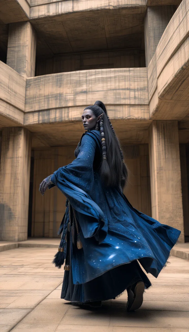 a sorceress in a star-lit midnight cloak mid-turn with fabric catching the light, in a brutalist concrete atrium, cinema
