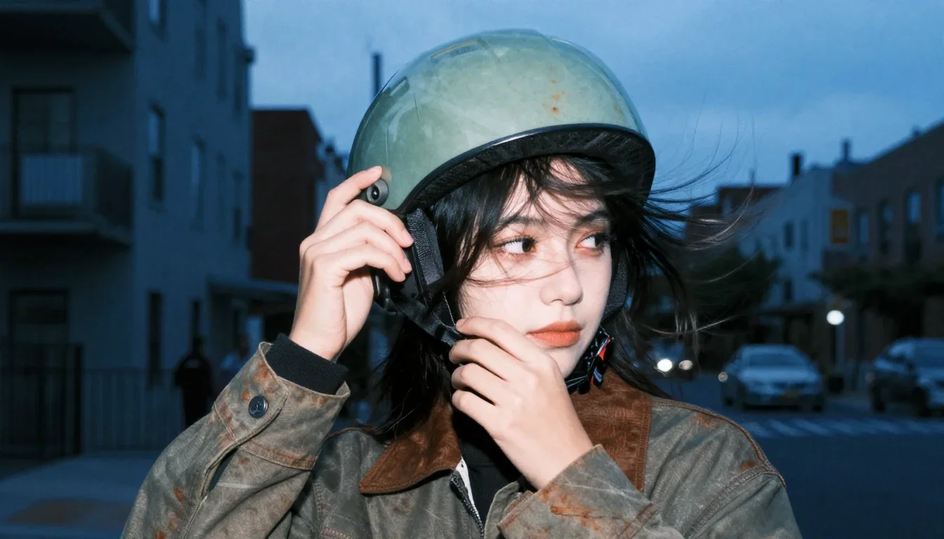 a rider removing a helmet, flushed and windblown in a coy glance from under lowered lashes, in a blue-hour city apartmen