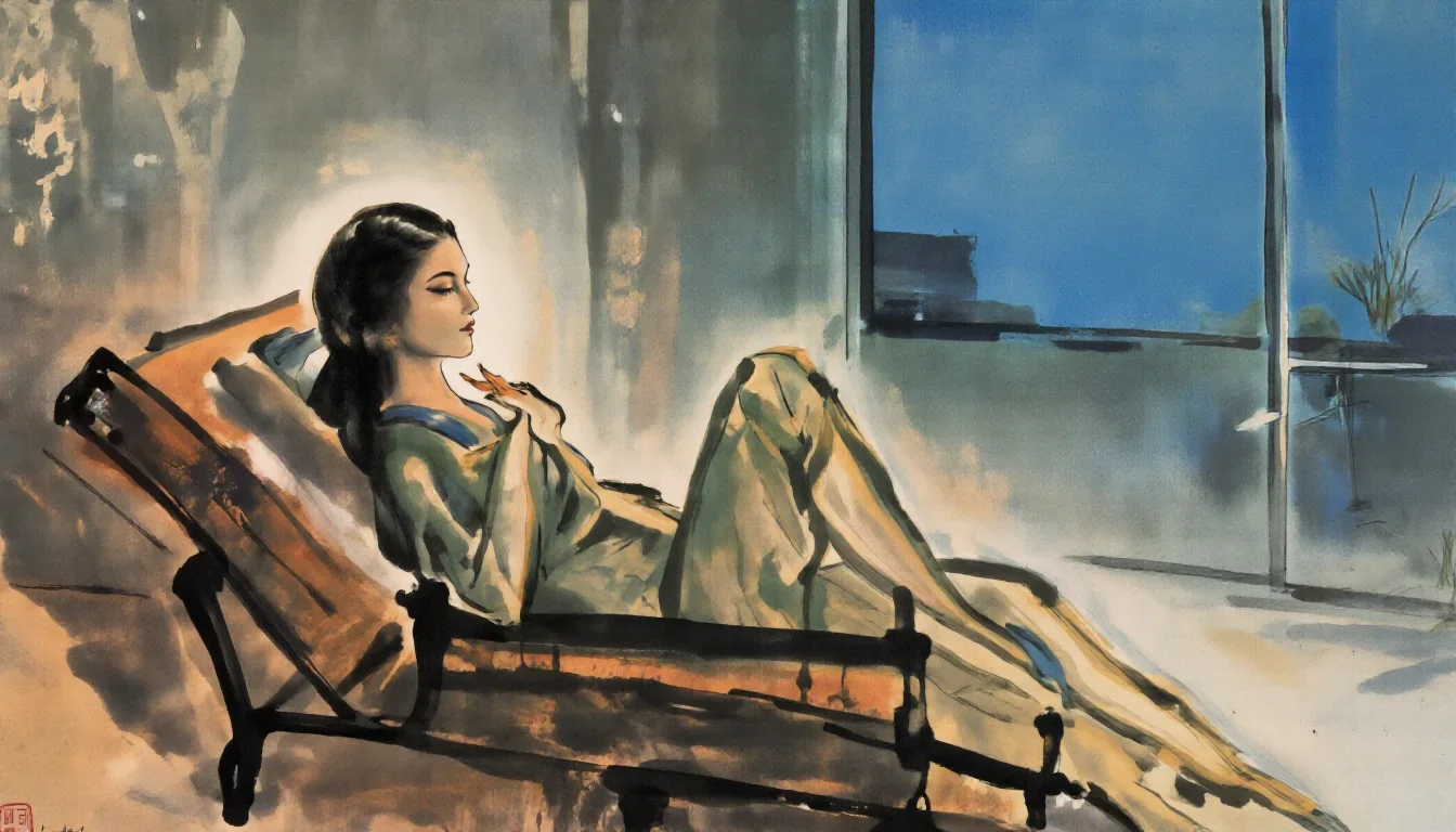 a spectral fox-spirit woman in an ink wash reclining elegantly on a chaise, in a blue-hour city apartment, soft-grain an