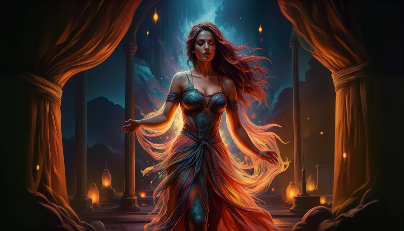 a celestial priestess with haloed candlelight mid-turn with fabric catching the light, in a blue-hour city apartment, my