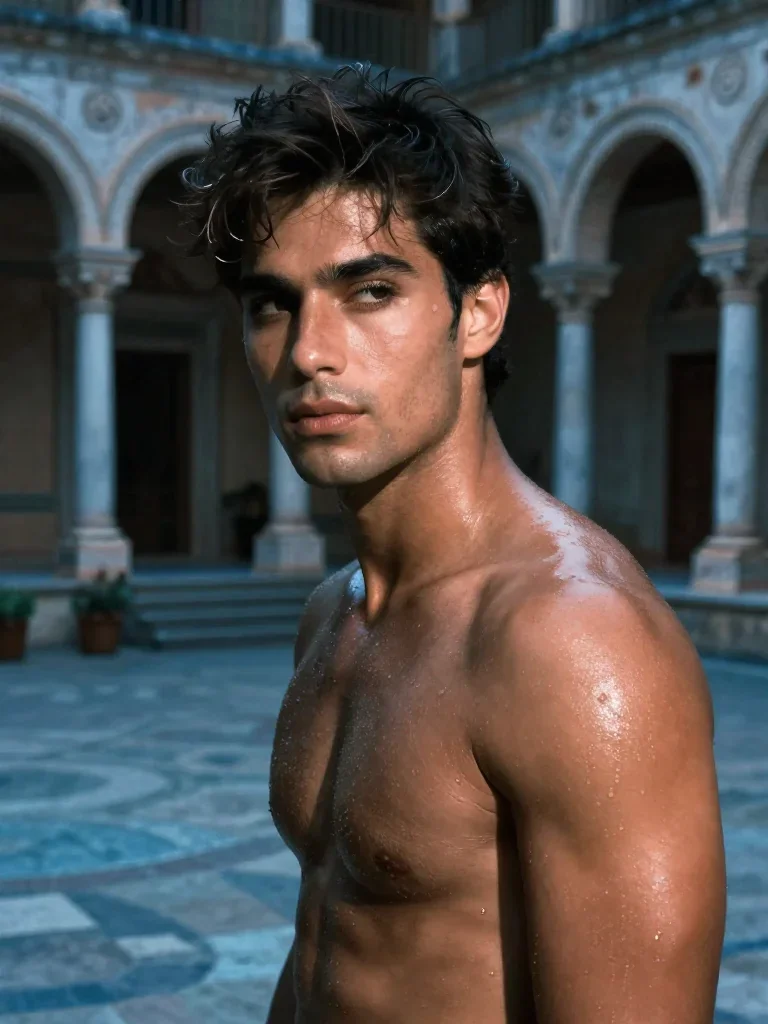 a chiseled athlete in dramatic rim light, oiled skin in a coy glance from under lowered lashes, in a moonlit palace cour