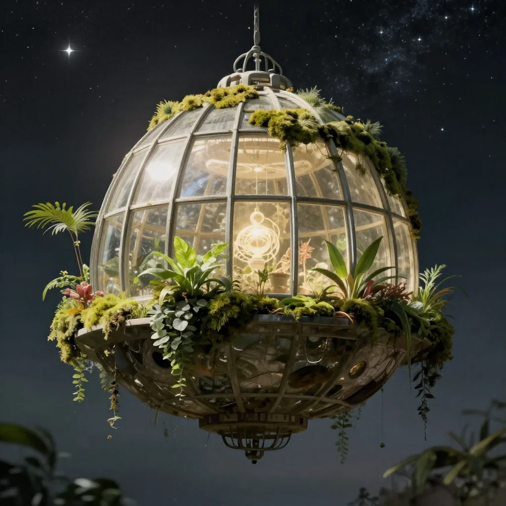a floating botanical conservatory beneath a star-filled sky, quiet science-fiction concept art, soft volumetric light, m