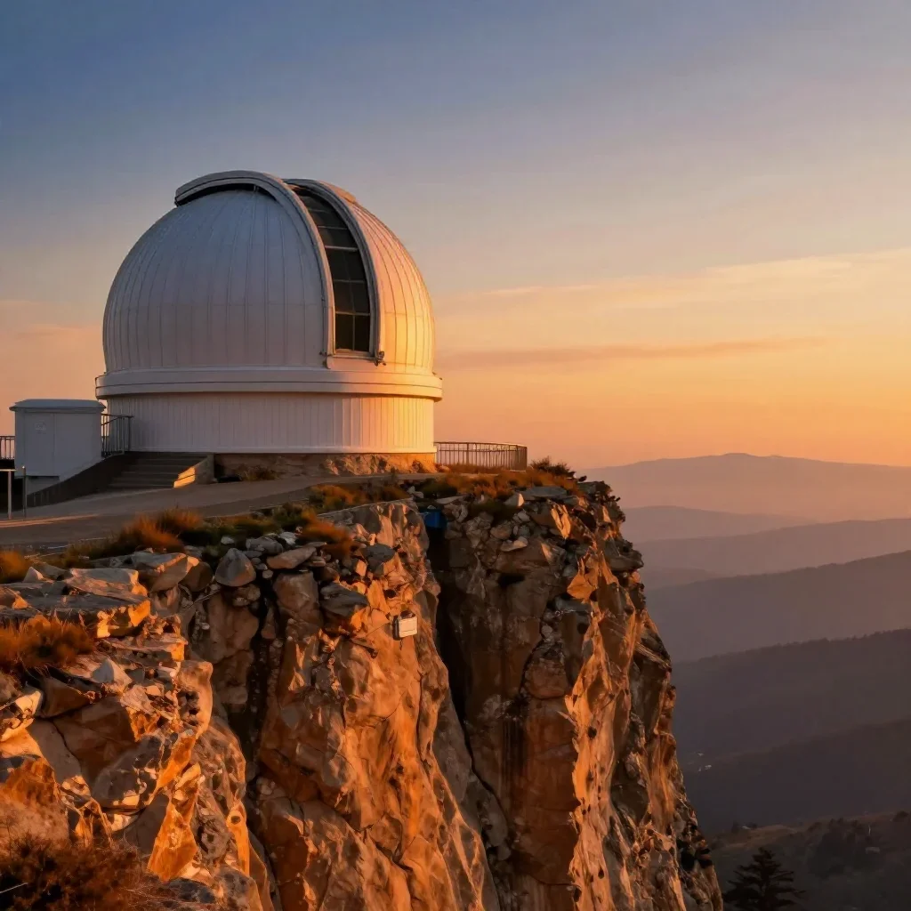 a cliffside observatory during golden hour, dreamlike fine-art landscape photography, soft volumetric light, ochre and u