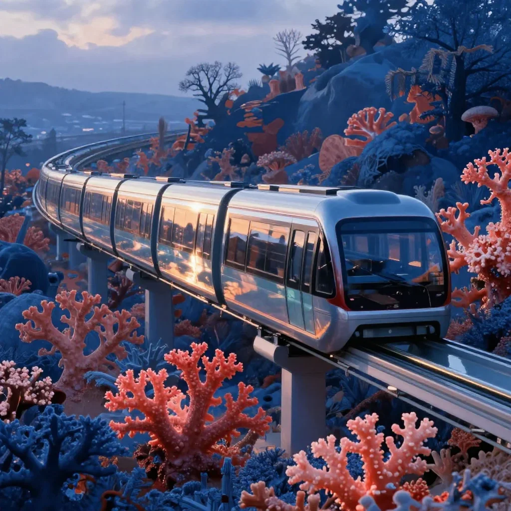 a glass monorail in crisp winter sunlight, dreamlike fine-art landscape photography, gentle reflected light, coral and m