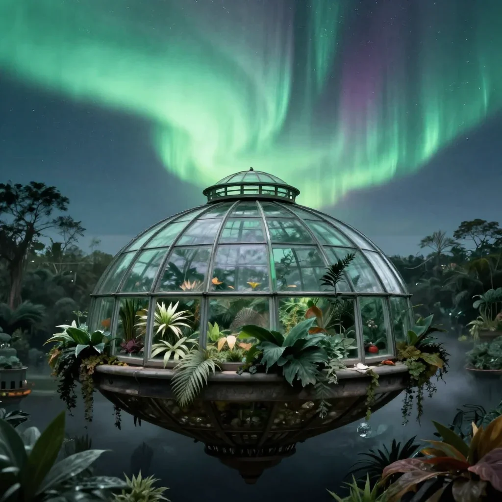 a floating botanical conservatory beneath an aurora, dreamlike fine-art landscape photography, soft volumetric light, ja