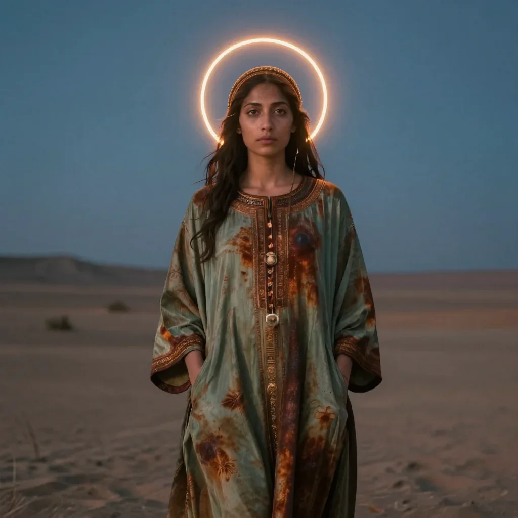 a celestial priestess with haloed candlelight standing tall with hands in pockets, in a silent desert at twilight, moody
