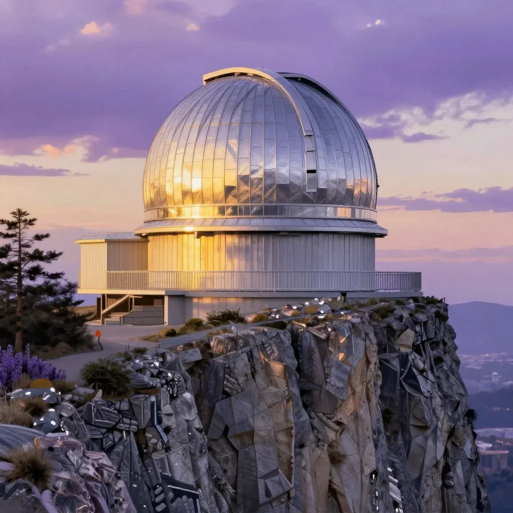 a cliffside observatory during golden hour, Japanese woodblock-inspired editorial art, careful geometric composition, la