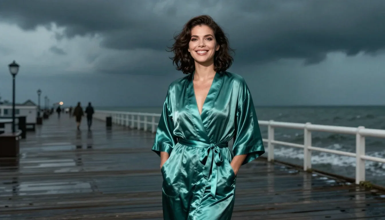 a smiley lounge singer in a satin robe standing tall with hands in pockets, on a storm-washed boardwalk, soft-grain anal