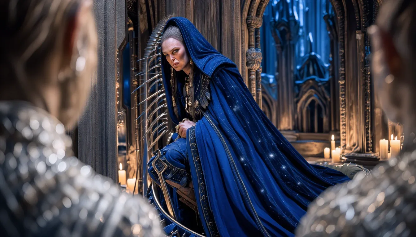a sorceress in a star-lit midnight cloak in a wind-swept lean against a wall, in a candle-lit cathedral ruin, futuristic