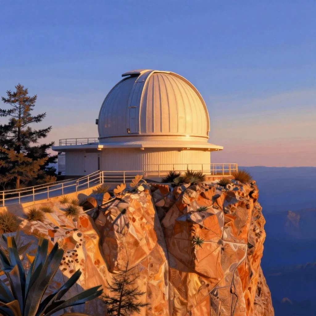 a cliffside observatory during golden hour, contemporary botanical illustration, restrained color harmony, ochre and ult
