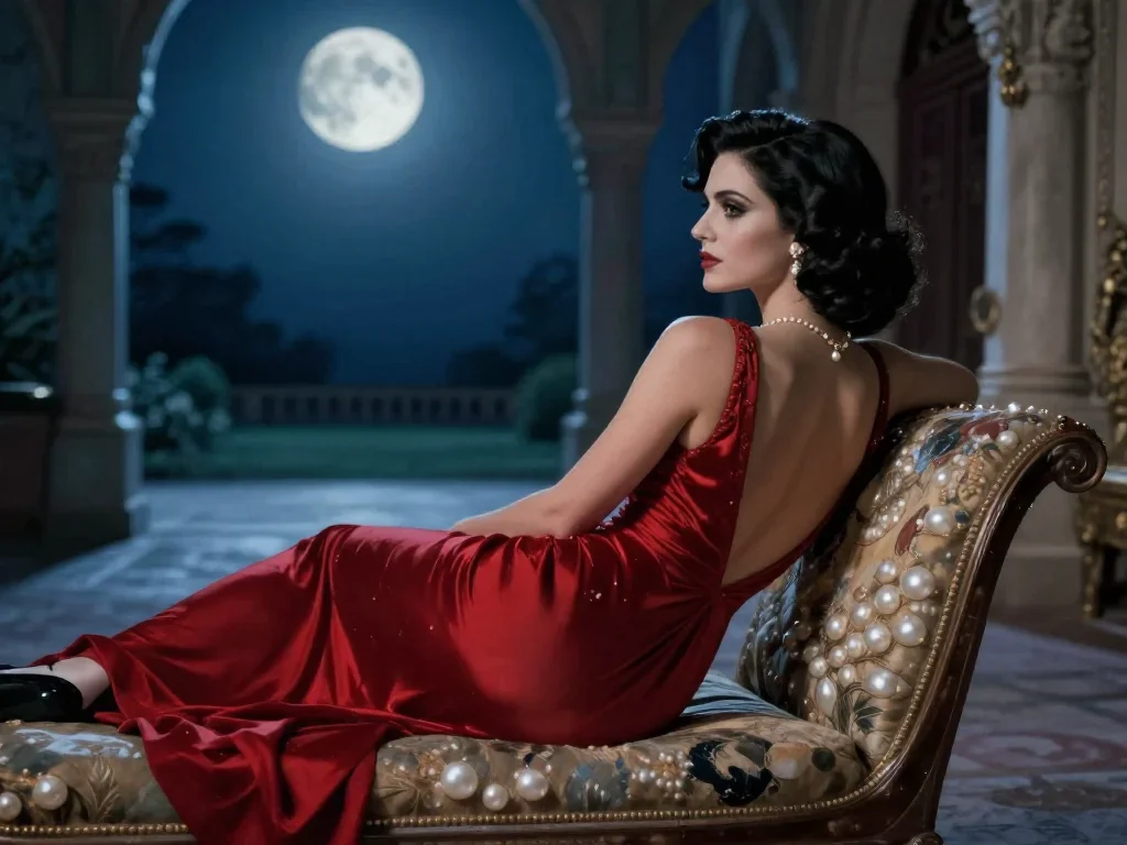 a femme fatale in a crimson backless gown reclining elegantly on a chaise, in a moonlit palace courtyard, neo-noir cinem