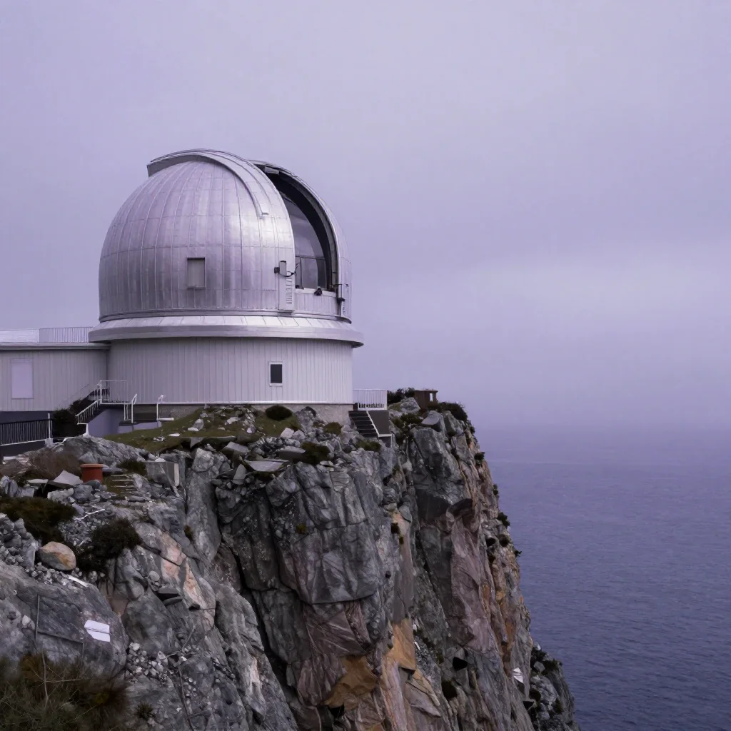 a cliffside observatory under overcast coastal light, quiet science-fiction concept art, crisp material detail, lavender