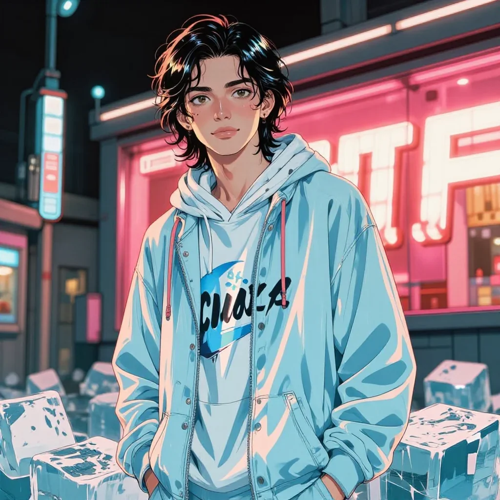 a streetwear influencer with wet-look hair standing tall with hands in pockets, on a neon-lit rooftop at midnight, edito