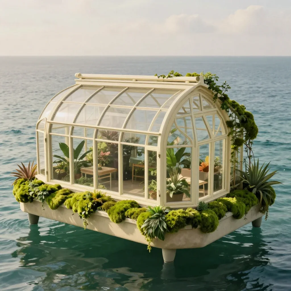 a floating botanical conservatory in a gentle sea breeze, museum-quality still-life photography, clean natural textures,