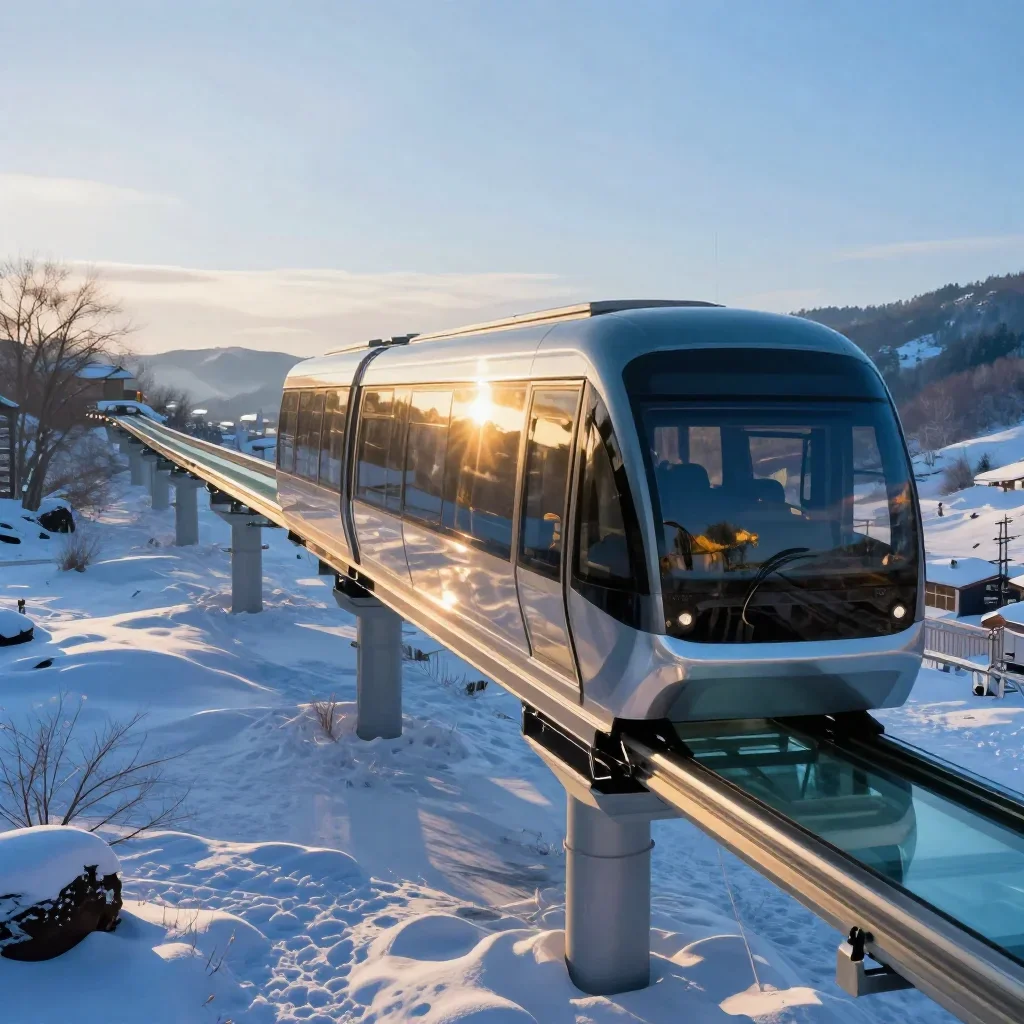 a glass monorail in crisp winter sunlight, high-end design magazine photography, gentle reflected light, cobalt and ambe