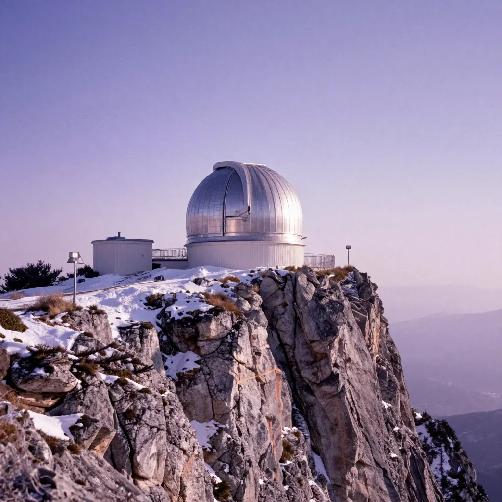a cliffside observatory in crisp winter sunlight, dreamlike fine-art landscape photography, subtle film grain, lavender 
