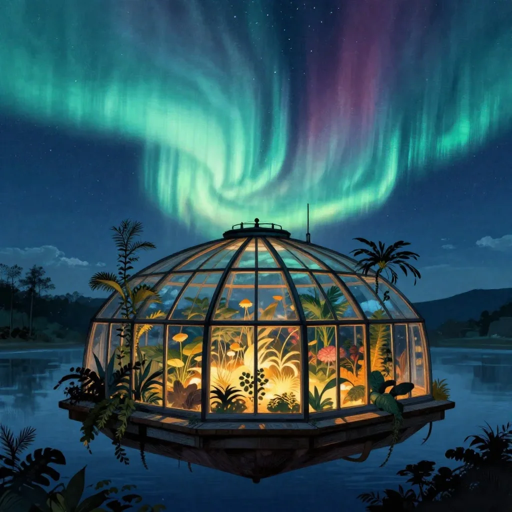 a floating botanical conservatory beneath an aurora, Japanese woodblock-inspired editorial art, atmospheric depth, cobal