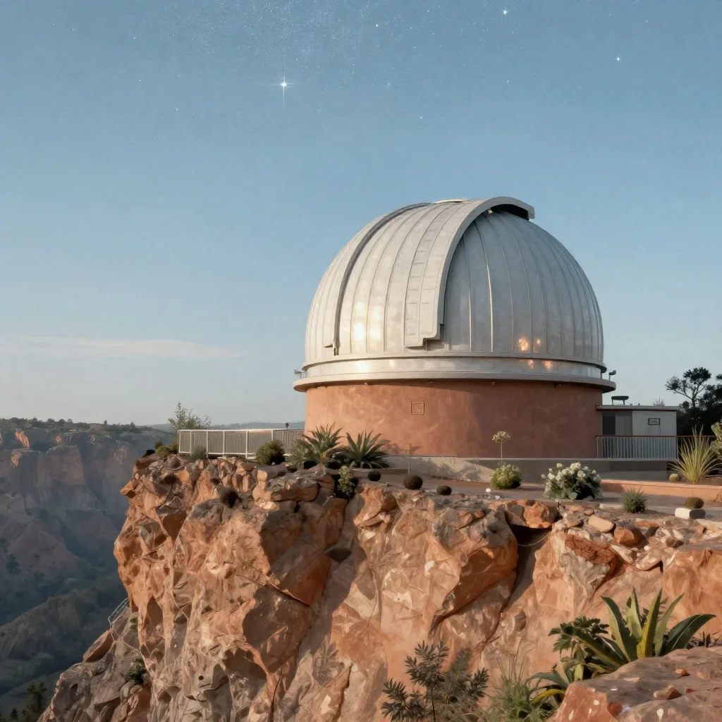 a cliffside observatory beneath a star-filled sky, contemporary botanical illustration, gentle reflected light, terracot