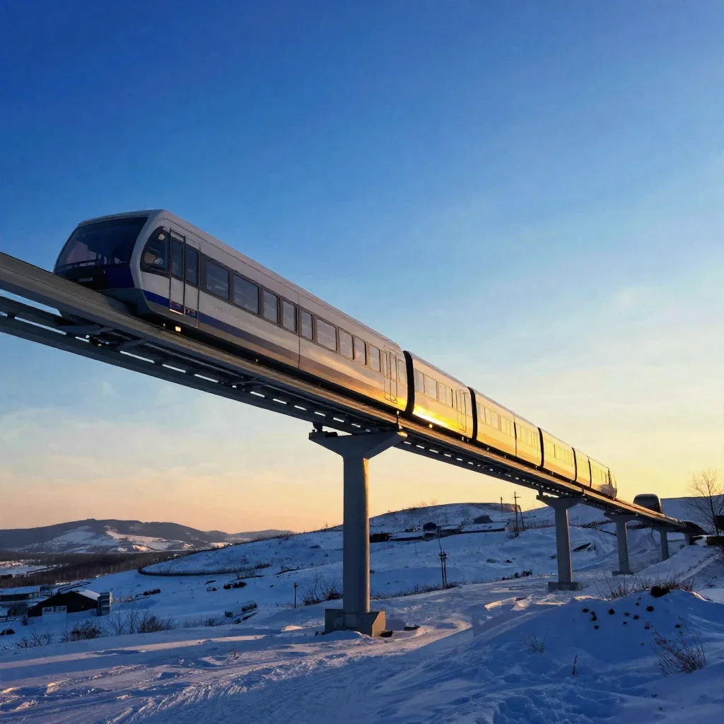 a glass monorail in crisp winter sunlight, dreamlike fine-art landscape photography, restrained color harmony, cobalt an