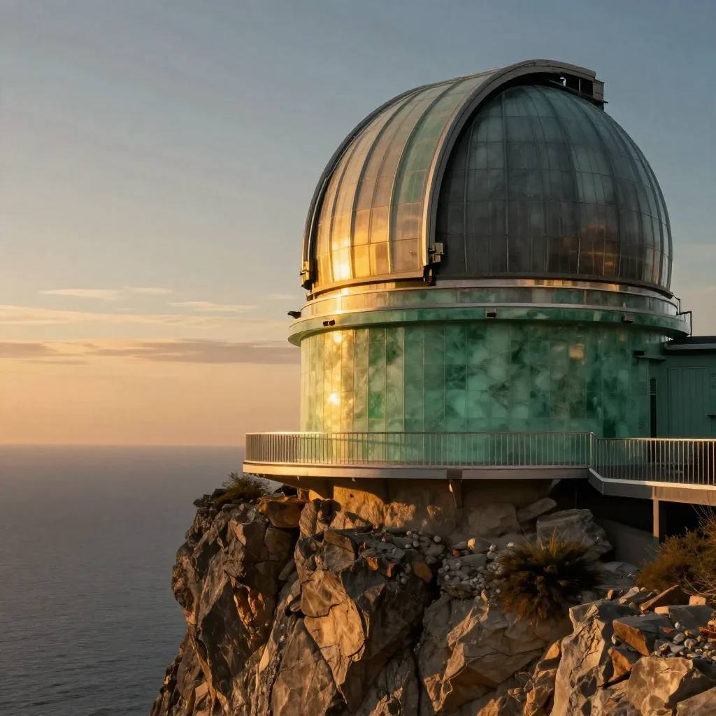 a cliffside observatory during golden hour, cinematic architectural photography, crisp material detail, jade and charcoa