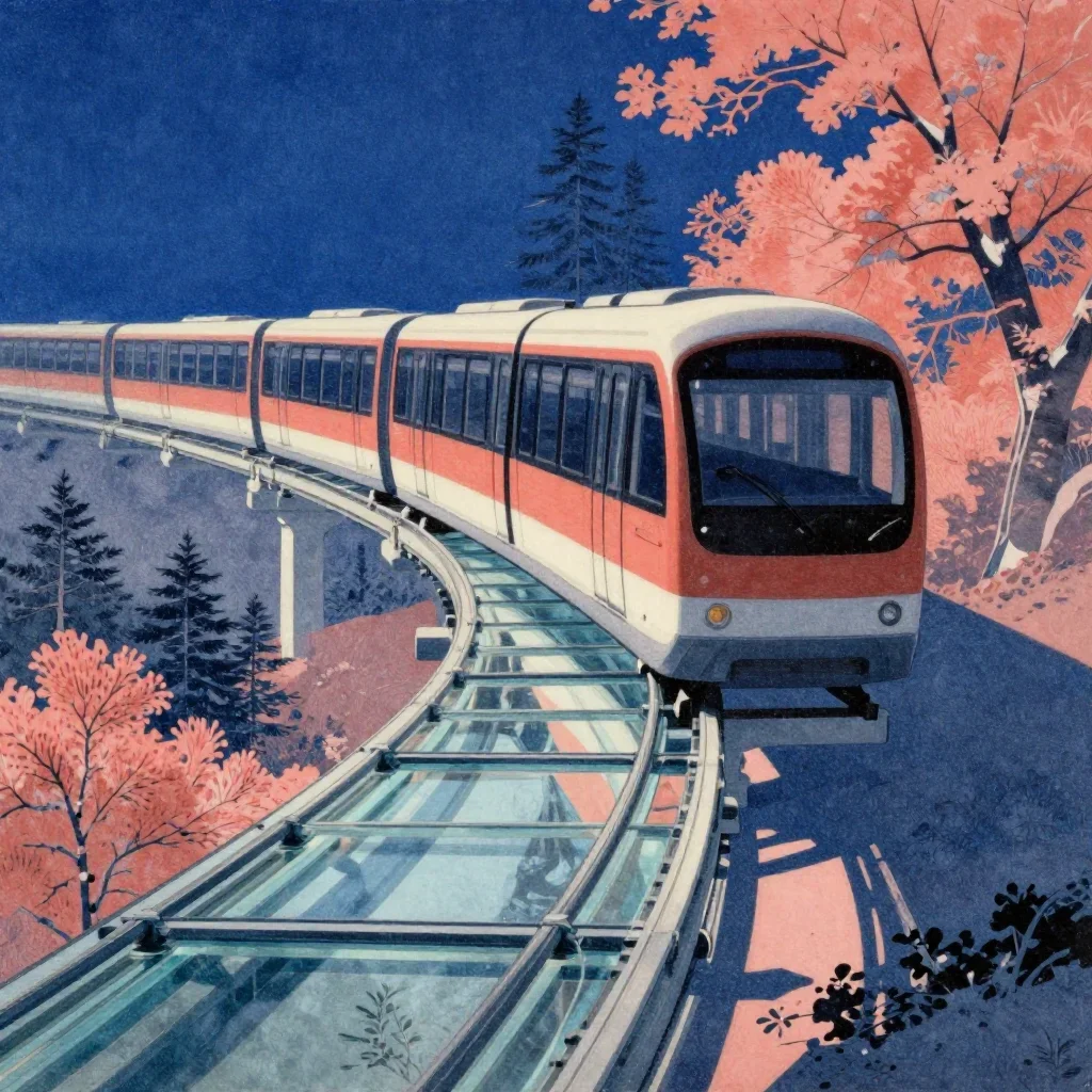 a glass monorail in crisp winter sunlight, Japanese woodblock-inspired editorial art, subtle film grain, coral and midni