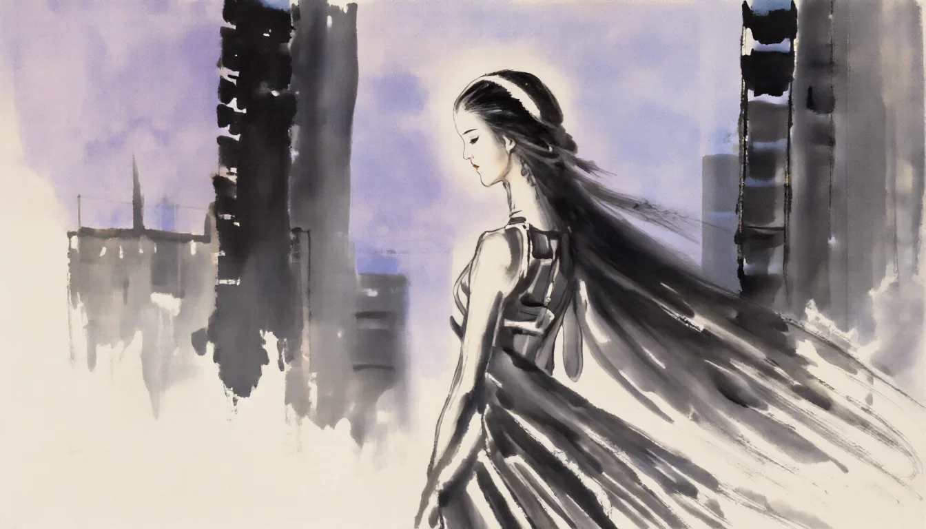 a spectral fox-spirit woman in an ink wash in a dramatic three-quarter profile, in a blue-hour city apartment, futuristi