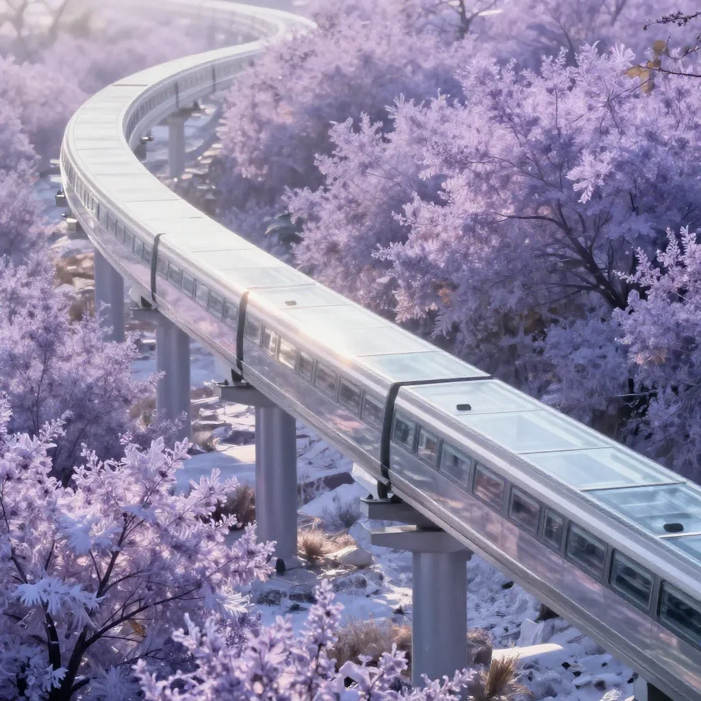 a glass monorail in crisp winter sunlight, dreamlike fine-art landscape photography, gentle reflected light, lavender an