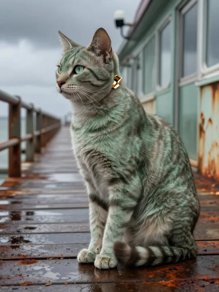 a feline-featured model with gold ear cuffs in a dramatic three-quarter profile, on a storm-washed boardwalk, bold Helmu