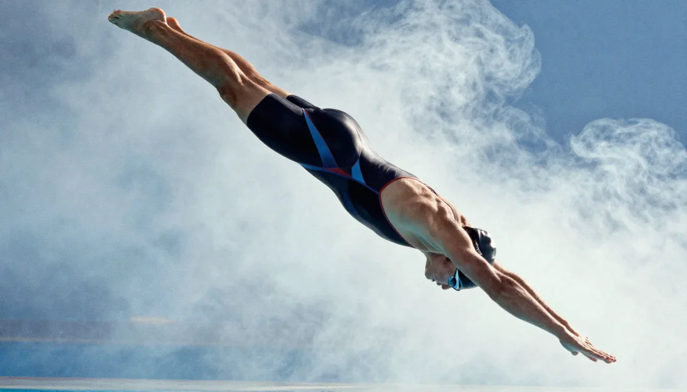 a swimmer before the plunge in a racing suit mid-turn with fabric catching the light, in a smoke-lit photo studio, bold 