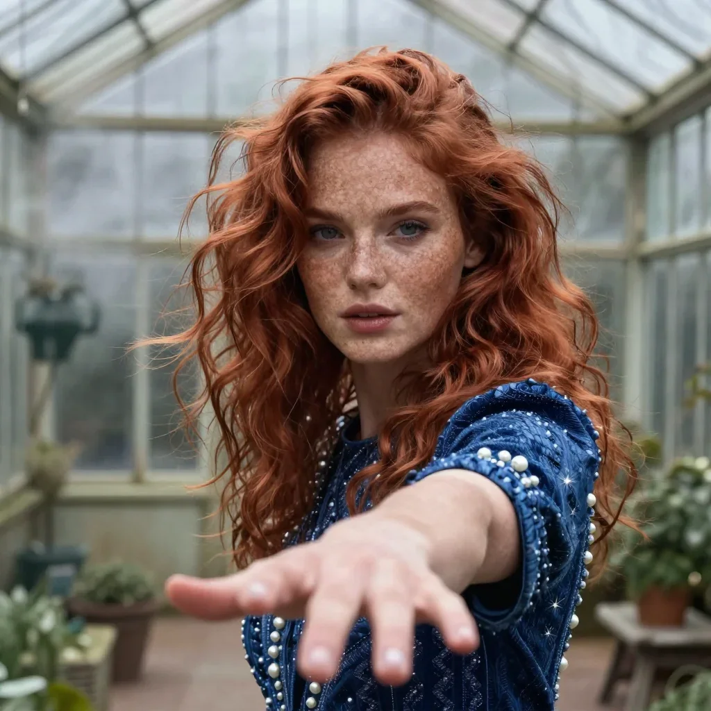 a muse with freckles and wind-tousled copper hair in a gentle reach toward the lens, in a greenhouse humid with mist, Vo
